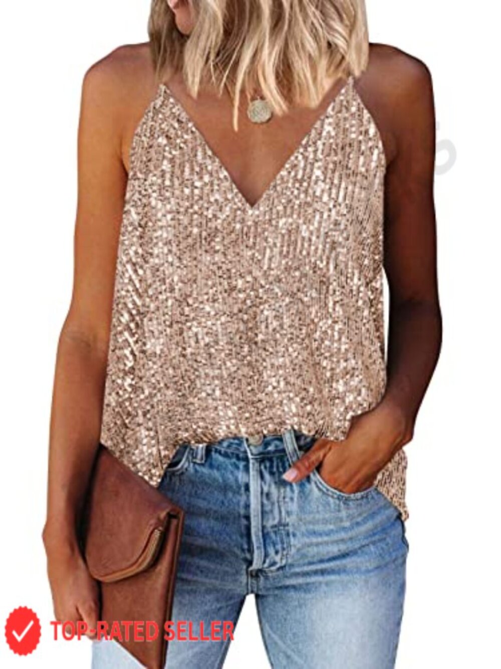 Sequin V Neck Racerback Tank Top Sleeveless Sparkle Party Top